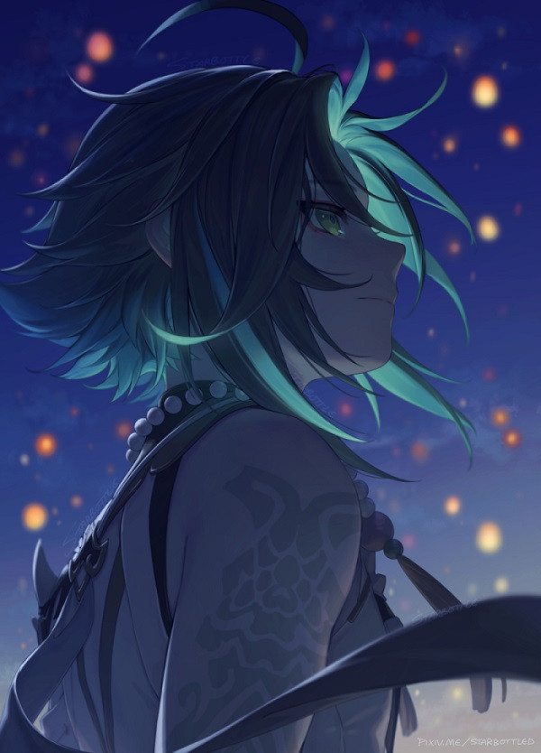 Ảnh Xiao với mái tóc màu xanh lục bay trong gió