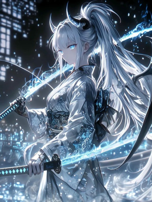 Anime girl cầm kiếm với ánh mắt sắc lạnh