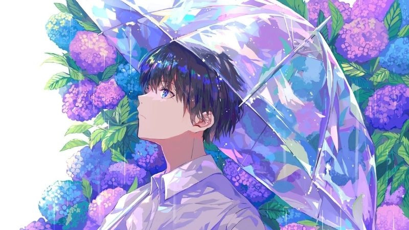 Anime nam dễ thương đang suy tư nhẹ nhàng