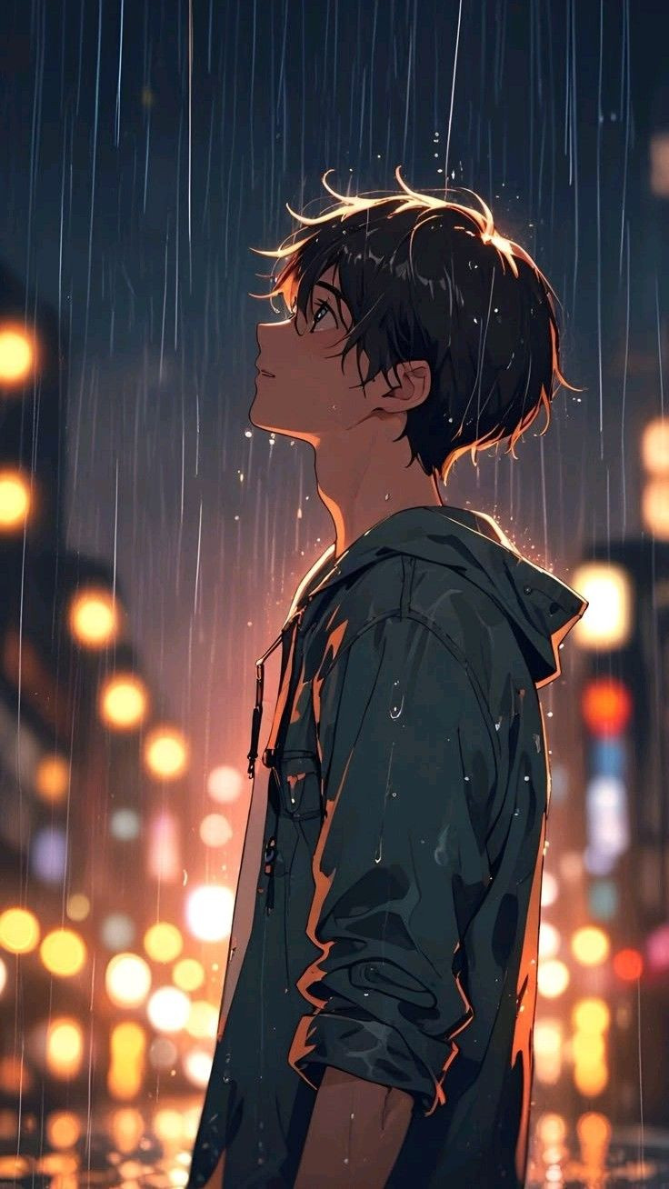 Anime nam lạnh lùng đứng dưới mưa