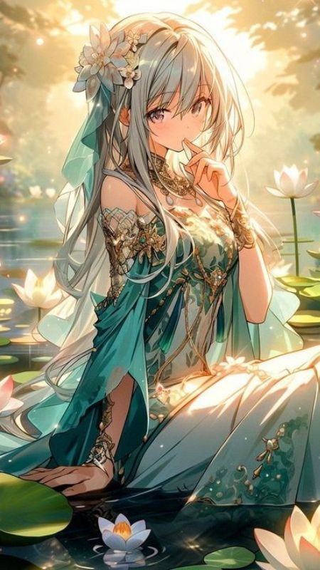 Anime nàng tiểu thư bên hồ sen trắng nhẹ nhàng xinh đẹp