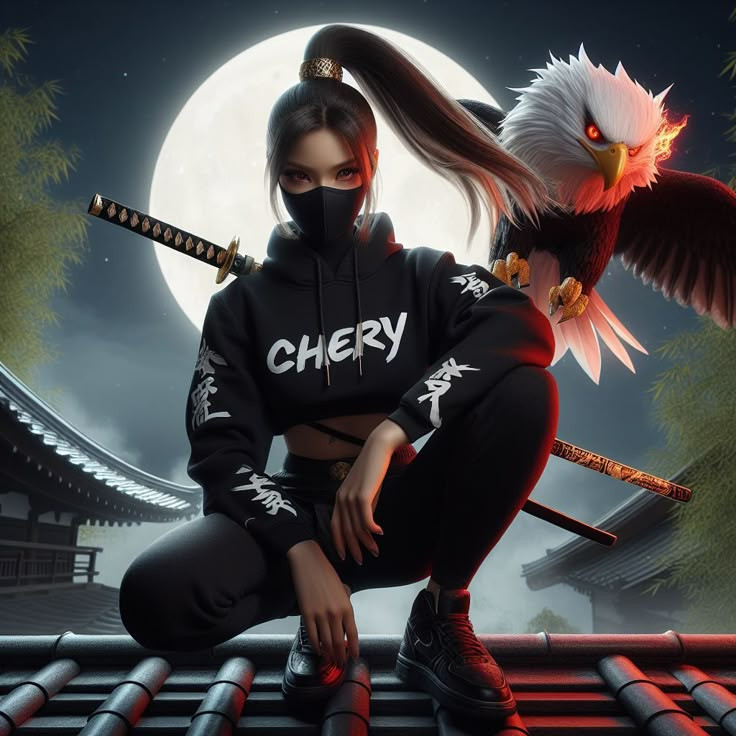 Anime nữ đeo khẩu trang đen, cầm kiếm katana