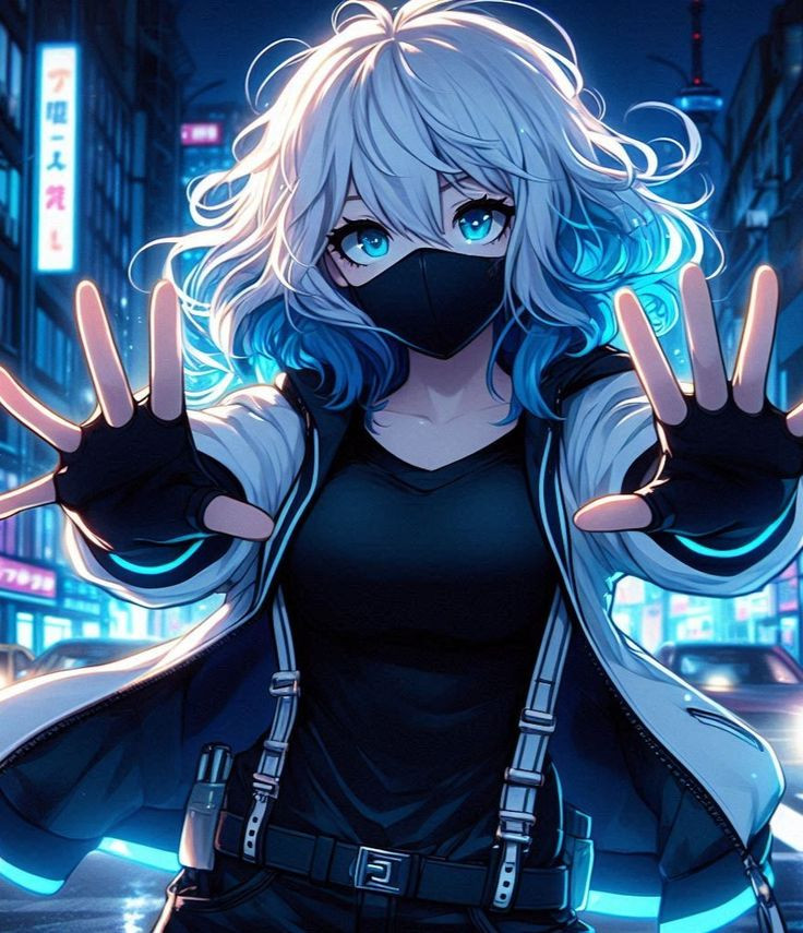 Anime nữ đeo khẩu trang đen phát sáng trong thành phố tương lai