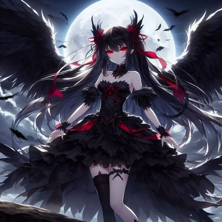 Anime nữ với đôi cánh đen huyền bí