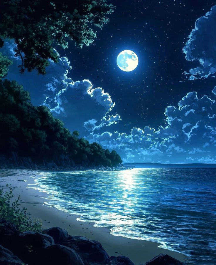 Anime phong cảnh bãi biển đêm dưới bầu trời đầy sao