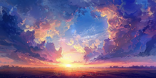 Anime phong cảnh hoàng hôn rực rỡ trên chân trời