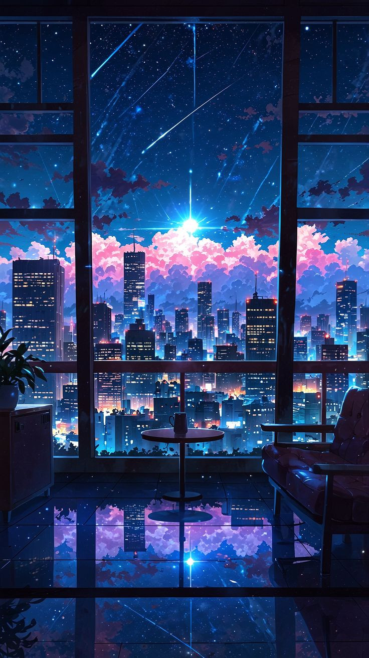 Anime phong cảnh thành phố về đêm rực rỡ ánh đèn