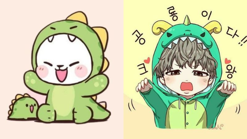 Avatar cậu bé mặc đồ khủng long xanh với biểu cảm hồn nhiên, dễ thương, hình ảnh avatar đẹp cho con gái