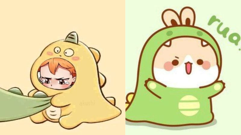 Avatar cô bé mặc đồ khủng long chibi xanh bám đuôi mẹ siêu dễ thương, hình ảnh avatar đẹp cho con gái