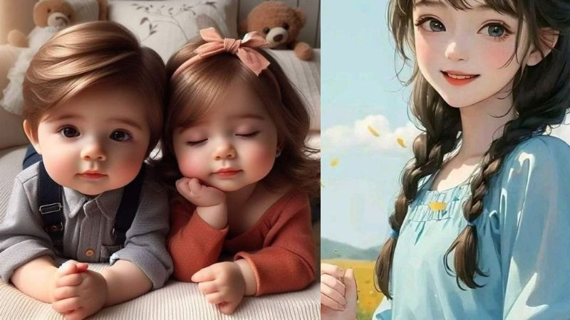 Avatar cô bé mắt lim dim ngồi cạnh cậu bé cute, hình ảnh avatar đẹp cho con gái