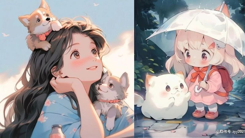 Avatar cô gái cầm ô che cho chú cún con đáng yêu, hình ảnh avatar đẹp