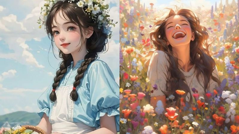 Avatar cô gái cười tươi giữa vườn hoa đầy màu sắc rực rỡ, hình ảnh avatar đẹp