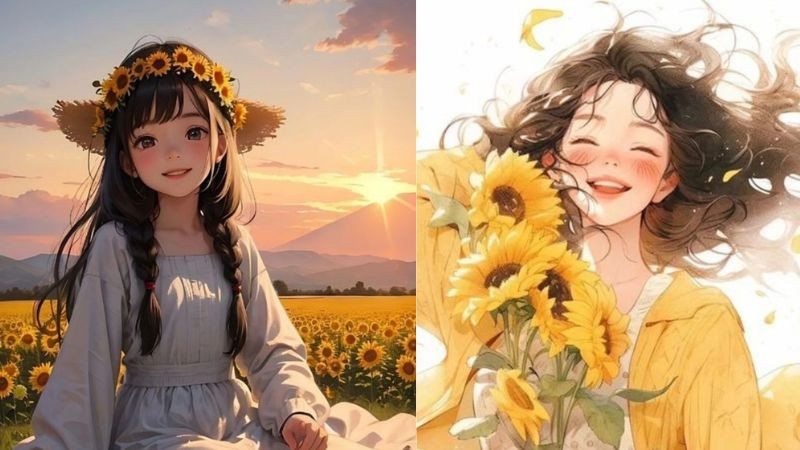 Avatar cô gái tươi cười xinh đẹp đang ôm bó hoa hướng dương, hình ảnh avatar đẹp