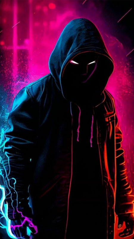 Avatar hacker neon với ánh sáng xanh tím huyền ảo