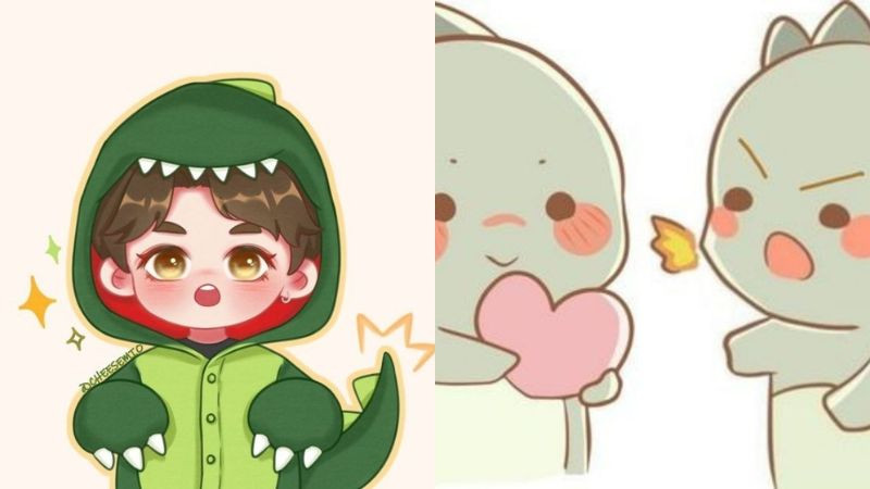 Avatar hai chú khủng long chibi ngại ngùng trao trái tim cho nhau, hình ảnh avatar dễ thương