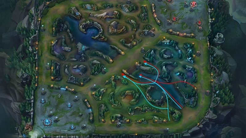 Bản đồ Liên Quân hiển thị các đường di chuyển Roam phổ biến giúp kiểm soát khu vực trọng yếu.
