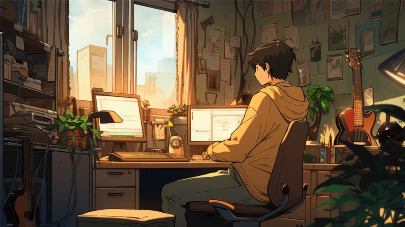 Bàn làm việc lofi vào ban đêm với ánh đèn và màn hình máy tính