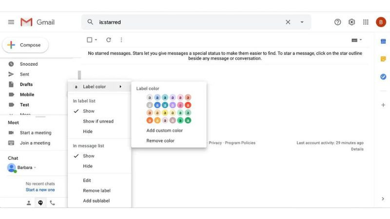 Bảng chọn màu sắc để tùy chỉnh nhãn email trong cài đặt Gmail