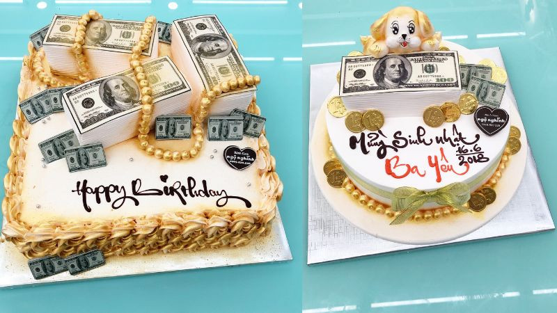 Bánh sinh nhật đẹp được trang trí bằng tiền đô