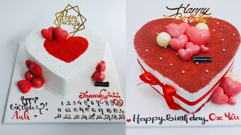 Bánh sinh nhật đẹp hình trái tim màu đỏ lãng mạn
