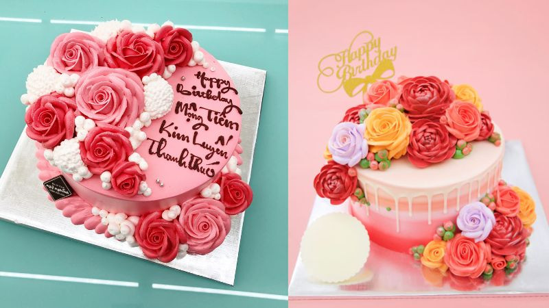 Bánh sinh nhật kem hoa hồng pastel sang trọng