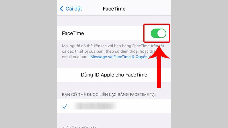 Bật công tắc FaceTime sang màu xanh lá trong phần cài đặt để kích hoạt ứng dụng