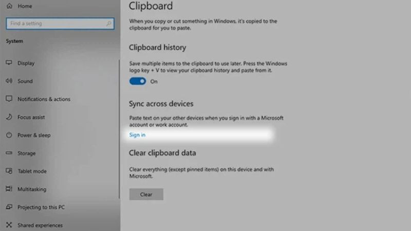 Bắt đầu thiết lập đồng bộ Lịch sử Clipboard giữa các thiết bị Windows