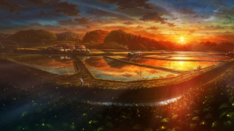 Bầu trời hoàng hôn rực lửa trên mặt nước trong ảnh phong cảnh anime