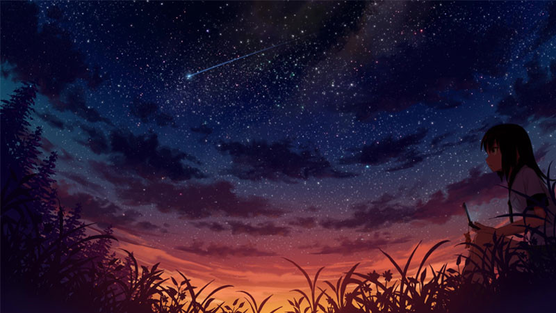 Bầu trời trong xanh nhưng đầy mây trắng, phong cách vẽ anime đẹp buồn