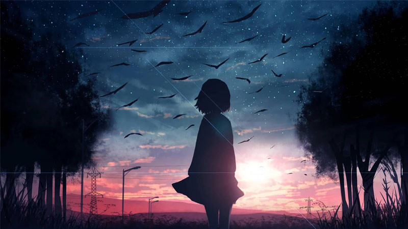 Bầu trời với những đám mây xám và đường chân trời trong phong cách anime