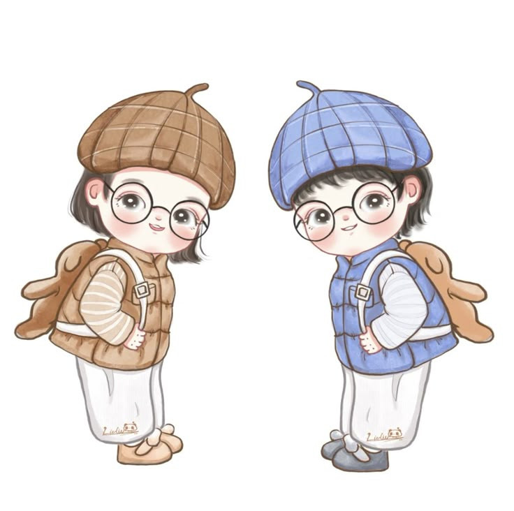 Bé gái chibi đeo kính chơi đùa cùng bạn