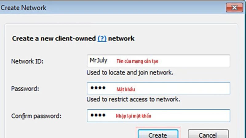 Biểu mẫu &quot;Create Network&quot; yêu cầu nhập ID mạng và mật khẩu cho mạng ảo mới