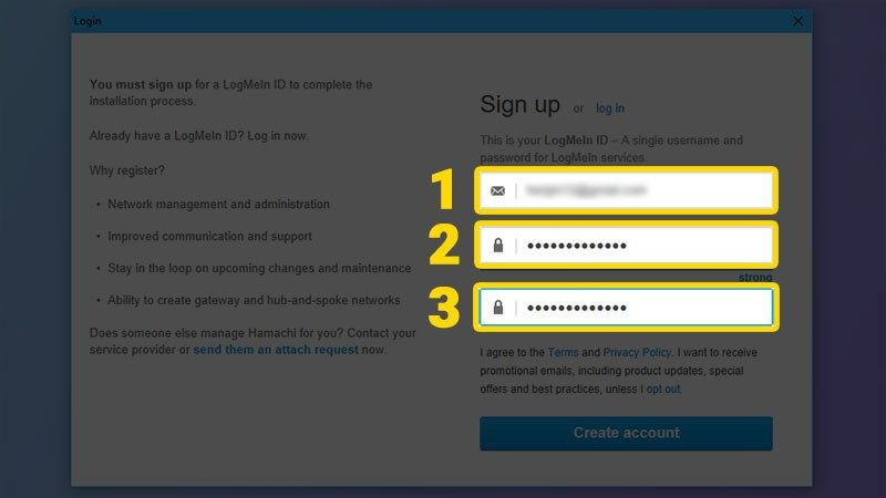 Biểu mẫu đăng ký tài khoản Hamachi yêu cầu nhập địa chỉ email và mật khẩu