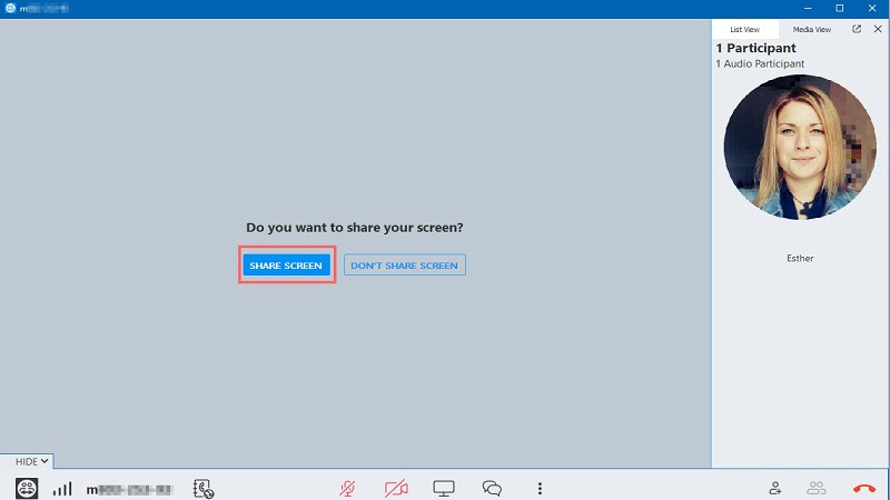 Biểu tượng chia sẻ màn hình và các tùy chọn trong cửa sổ cuộc họp TeamViewer