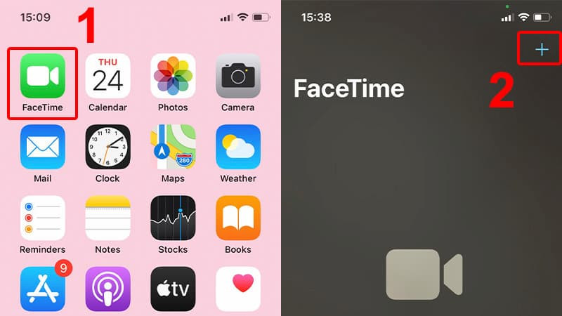 Biểu tượng dấu cộng (+) trong ứng dụng FaceTime để bắt đầu cuộc gọi mới