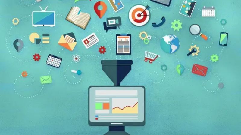 Biểu tượng thu thập dữ liệu từ nhiều nguồn như khảo sát trực tuyến, phỏng vấn, minh họa bước đầu nghiên cứu thị hiếu.