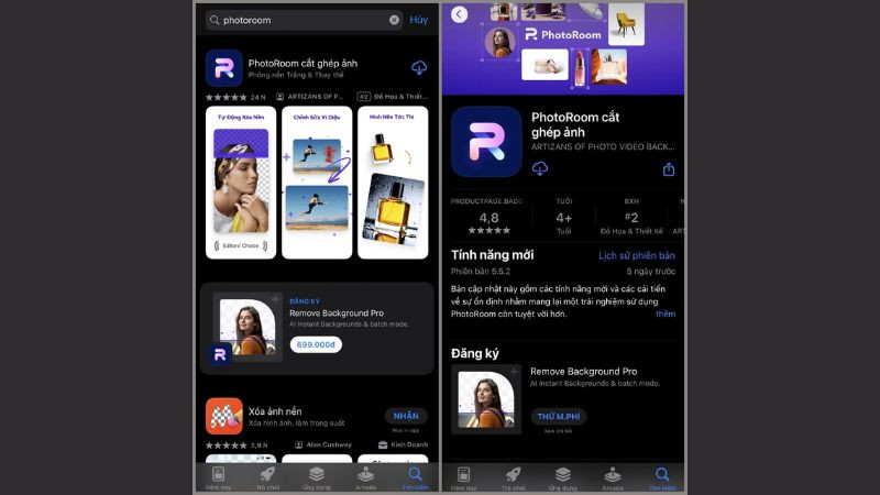 Biểu tượng ứng dụng Photoroom trên màn hình điện thoại, một công cụ phổ biến để ghép ảnh nền trắng