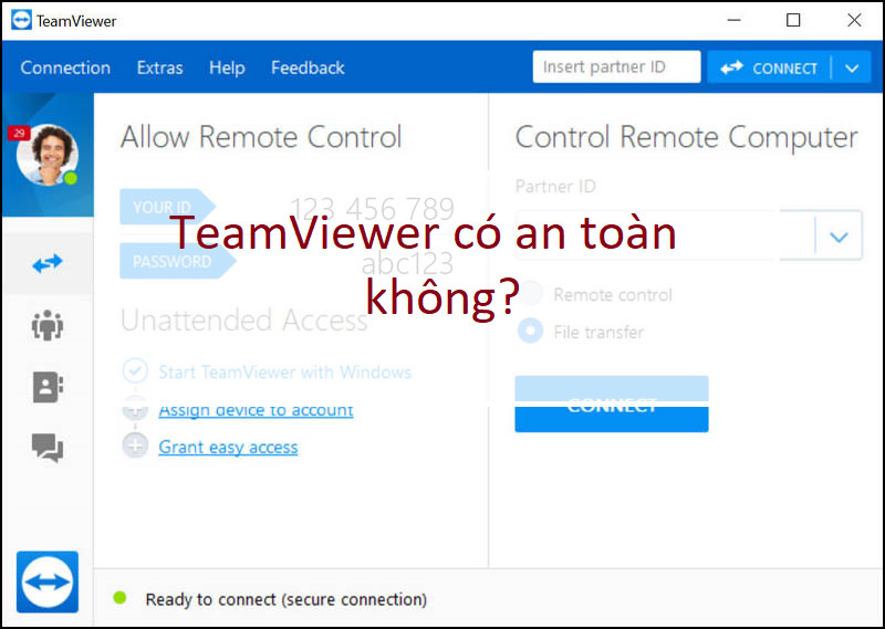 Biểu tượng và giao diện TeamViewer, minh họa cho tính năng bảo mật và kết nối an toàn