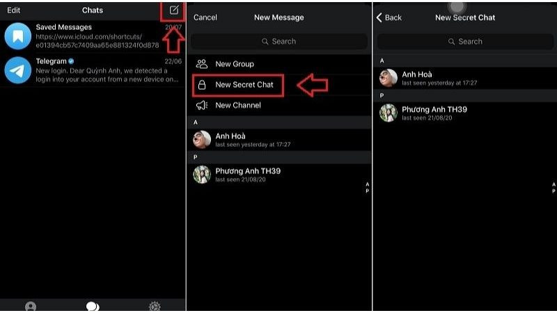 Biểu tượng và giao diện tính năng Secret Chat (trò chuyện bí mật) trong ứng dụng Telegram
