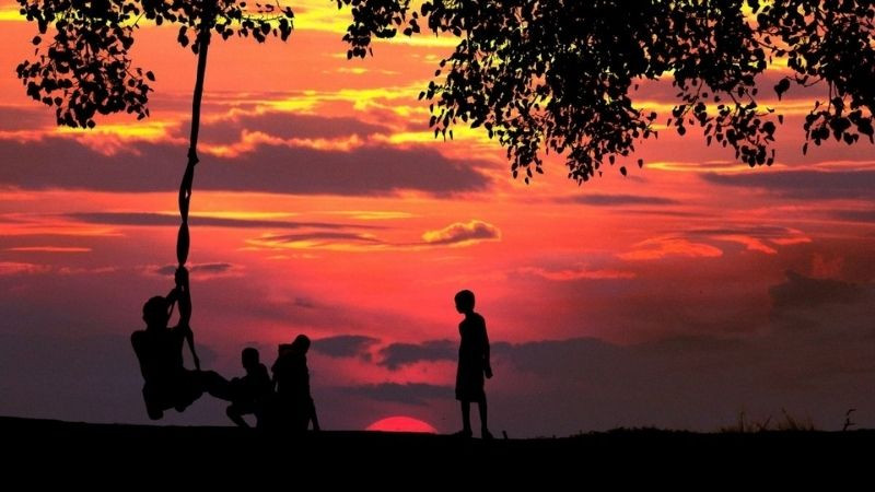 Bọn trẻ chơi đùa bên xích đu dưới cây đa