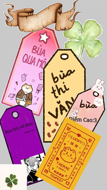 Bùa học tập màu tím với các biểu tượng liên quan đến sách vở và kiến thức