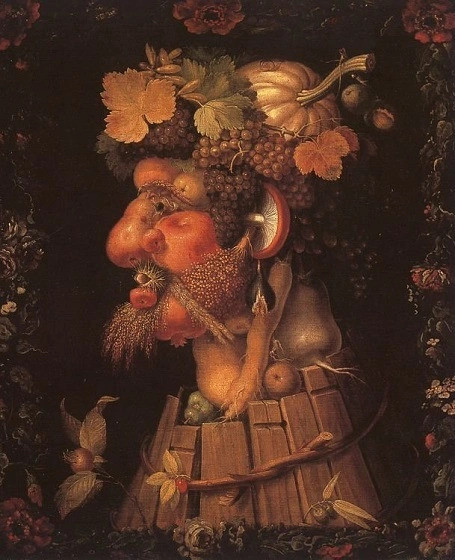 Bức chân dung Mùa thu của Giuseppe Arcimboldo, được tạo hình từ các loại trái cây, rau củ và lá cây đặc trưng của mùa thu.