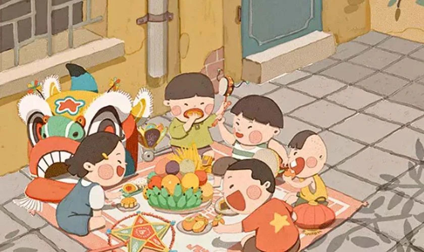 Bức hình vẽ mô tả cảnh phá cỗ Trung Thu vui vẻ của các em nhỏ