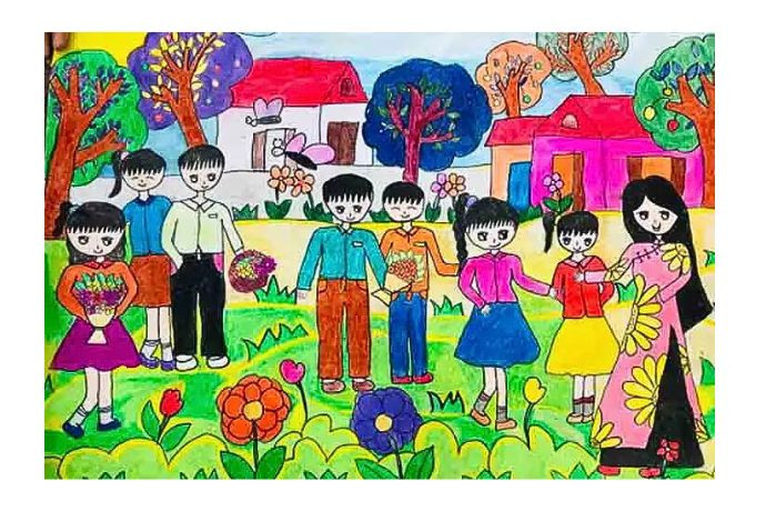 Bức tranh màu nước về cô giáo và các em học sinh