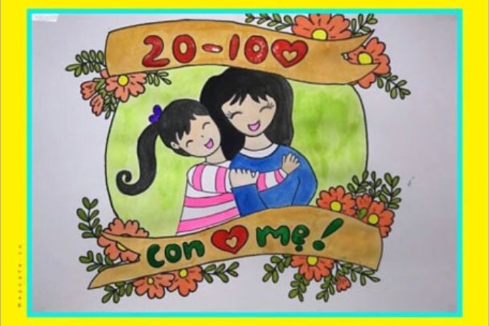 Bức tranh miêu tả khoảnh khắc ấm áp giữa mẹ và con gái, ý tưởng vẽ tranh tặng mẹ 20/10