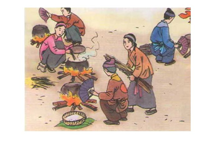 Bức tranh mô tả cuộc thi thổi cơm truyền thống, một nét văn hóa độc đáo của trò chơi dân gian ngày Tết.