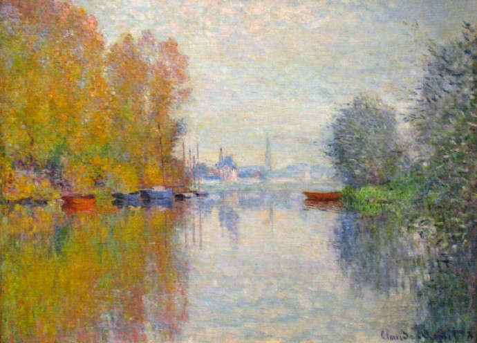 Bức tranh Mùa thu trên sông Seine tại Argenteuil của Claude Monet, nổi bật với sắc màu rực rỡ của cây cối và phản chiếu trên mặt nước.
