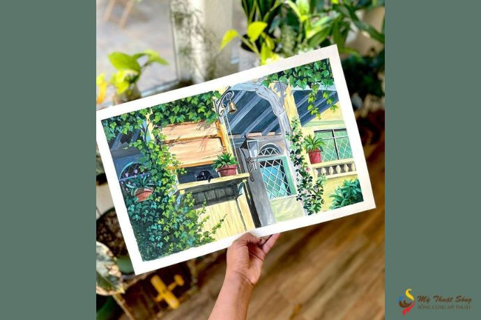 Bức tranh phong cảnh hoàn thiện vẽ bằng màu gouache, thể hiện hiệu ứng mờ đặc trưng