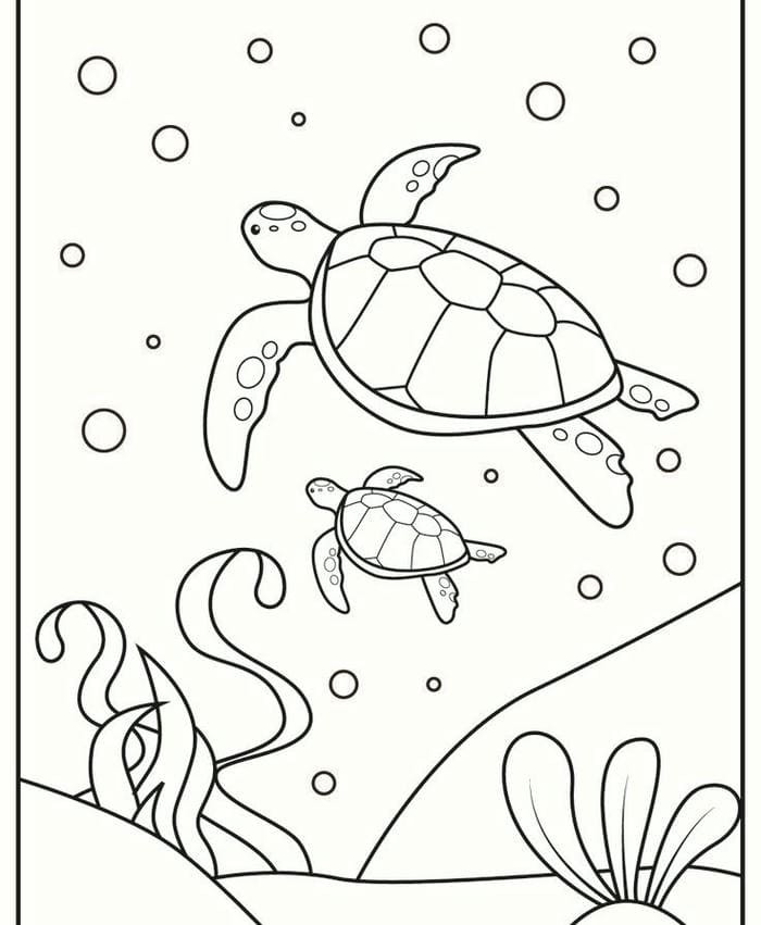 Bức tranh rùa mẹ và rùa con đơn giản để tô màu
