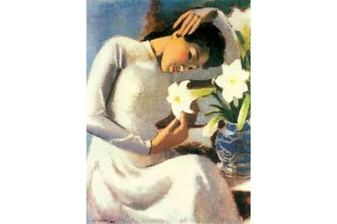 Bức tranh sơn dầu Thiếu nữ bên hoa Huệ của họa sĩ Tô Ngọc Vân, khắc họa thiếu nữ bên bình hoa huệ trắng